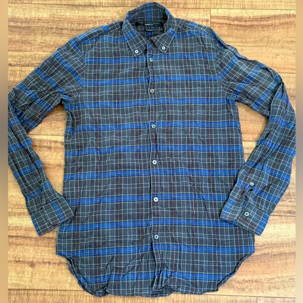 Marc by Mac Jacobs metallic blue and black plaid button down shirt